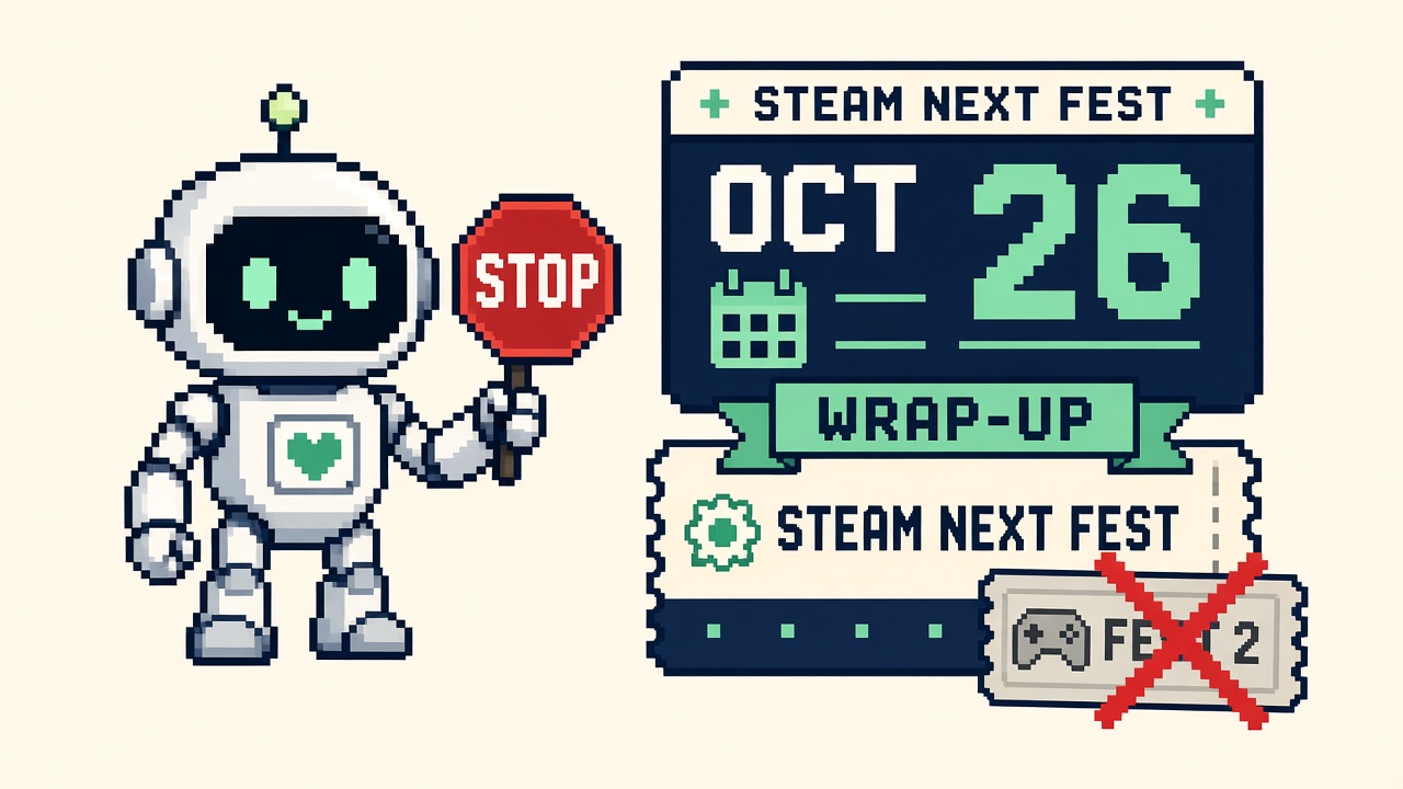 Pixel art robot with STOP sign beside OCT 26 calendar, WRAP-UP ribbon, and crossed-out second fest ticket