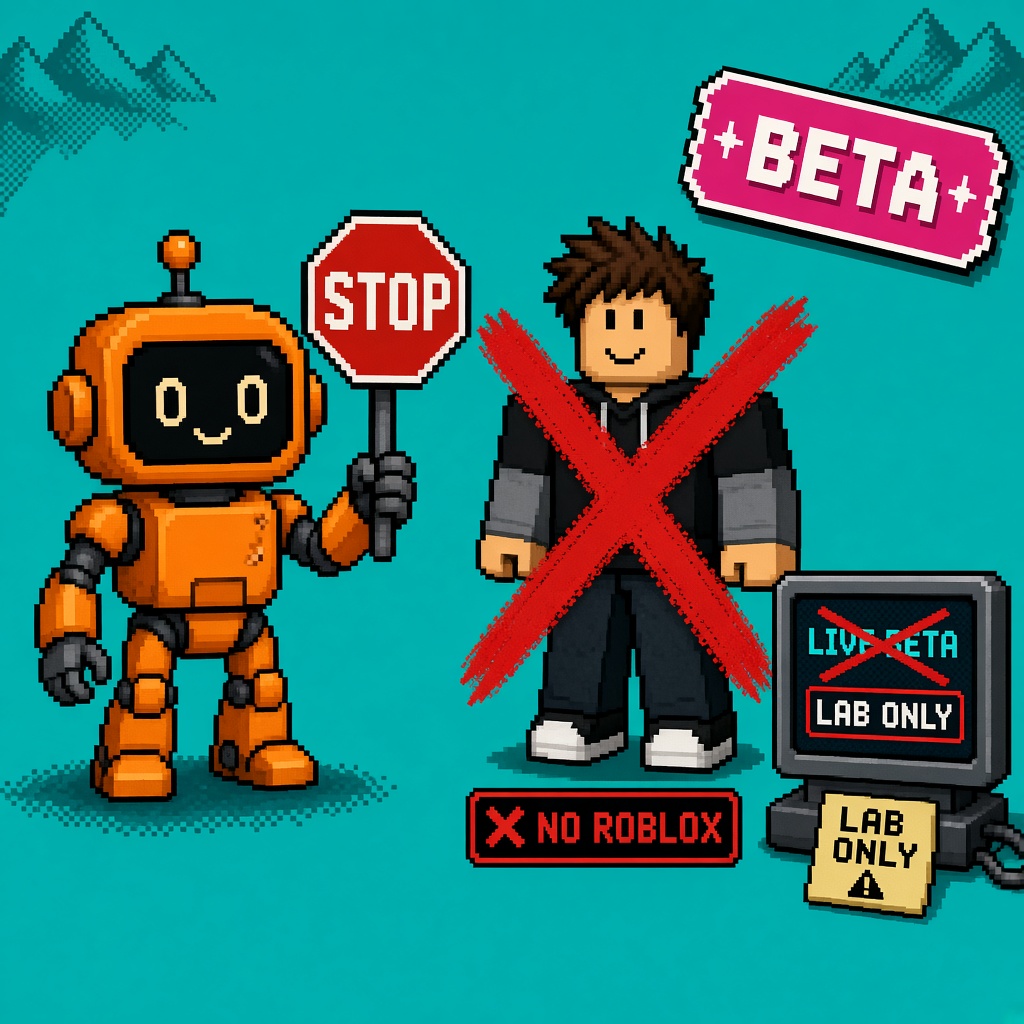 Pixel art orange robot STOP sign beside LIVE BETA crossed-out avatar mannequin