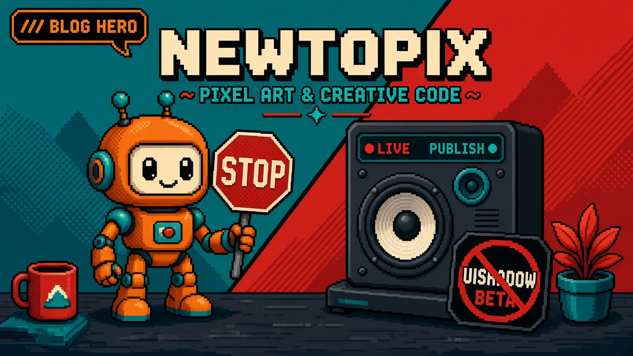 Pixel art orange robot STOP sign in front of LIVE PUBLISH monitor with crossed-out UISHADOW BETA