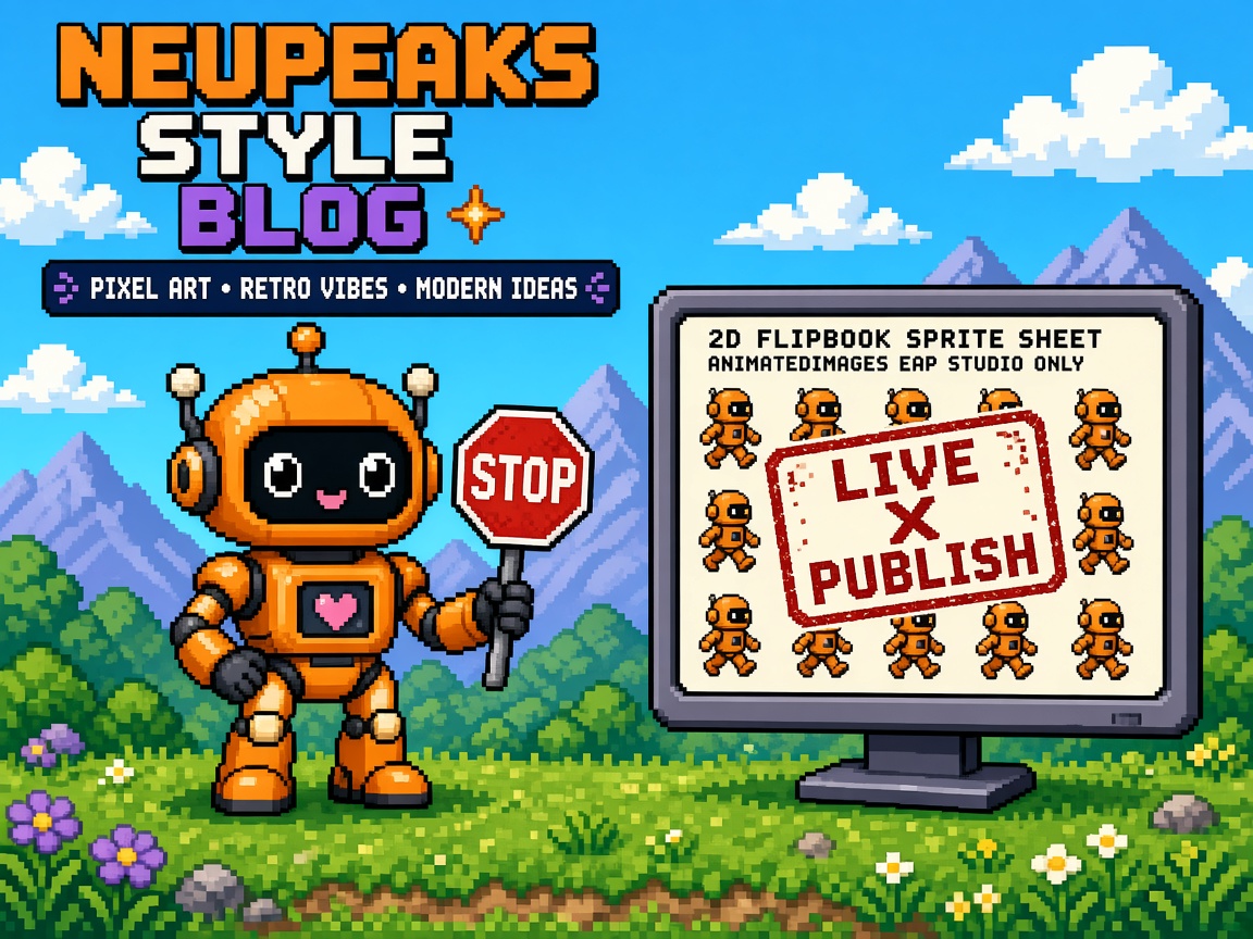 Pixel art orange robot STOP sign beside ANIMATEDIMAGES EAP STUDIO ONLY monitor with LIVE PUBLISH crossed out