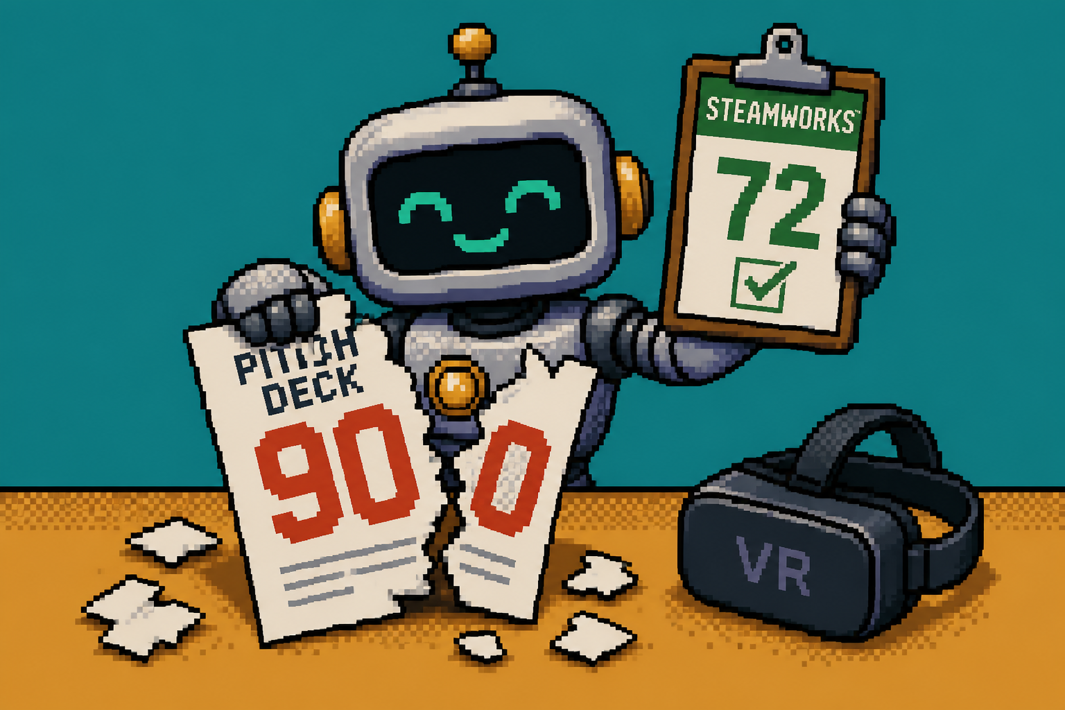 Pixel art robot tearing a 90fps pitch deck while holding a 72fps Steamworks clipboard