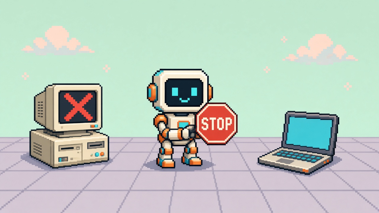 Pixel art robot holding a stop sign between a crossed-out desktop and a spare laptop