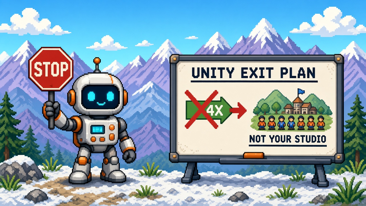 Pixel art robot with STOP sign beside UNITY EXIT PLAN whiteboard and crossed-out 4X arrow