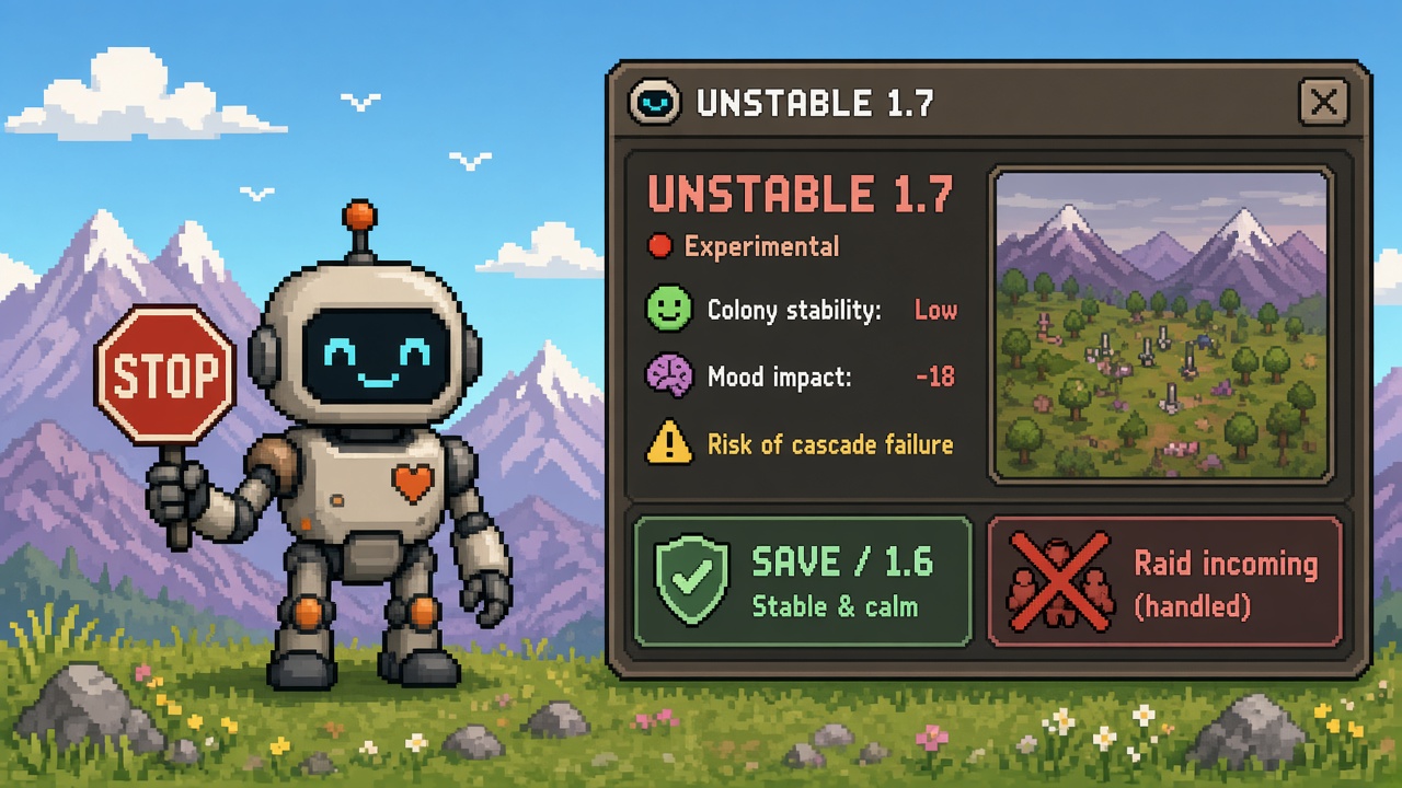 Pixel art robot with STOP sign beside UNSTABLE 1.7 colony window and 1.6 save badge