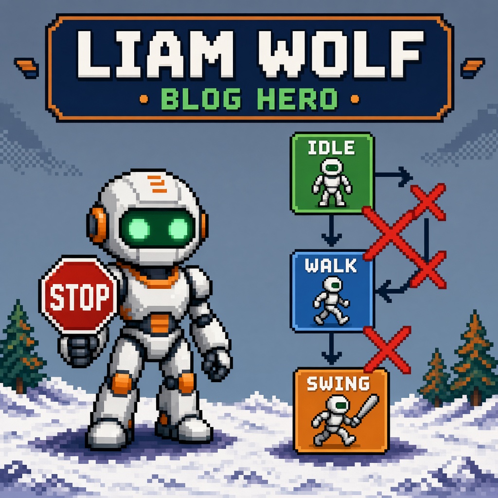 Pixel art robot with STOP sign beside a broken state machine diagram