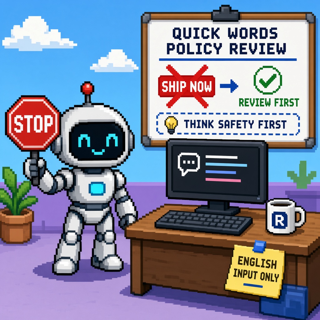 Pixel art robot with STOP sign beside QUICK WORDS POLICY REVIEW whiteboard crossing out SHIP NOW