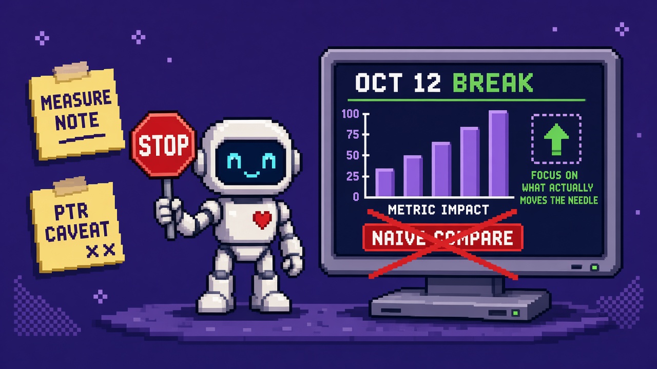 Pixel art robot with STOP sign beside OCT 12 BREAK analytics monitor crossing out NAIVE COMPARE