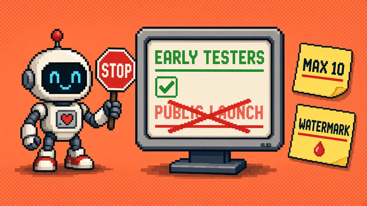 Pixel art robot with STOP sign beside EARLY TESTERS monitor crossing out PUBLIC LAUNCH