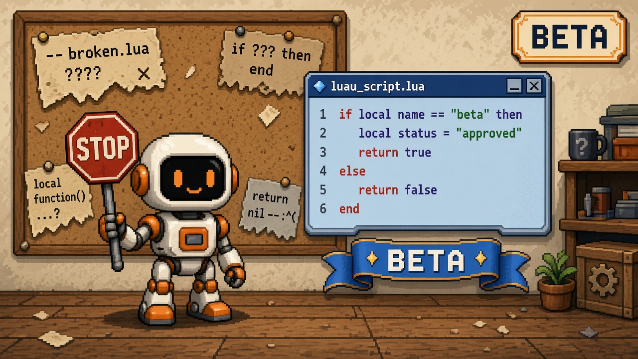Pixel art robot STOP sign beside Luau if local beta code window