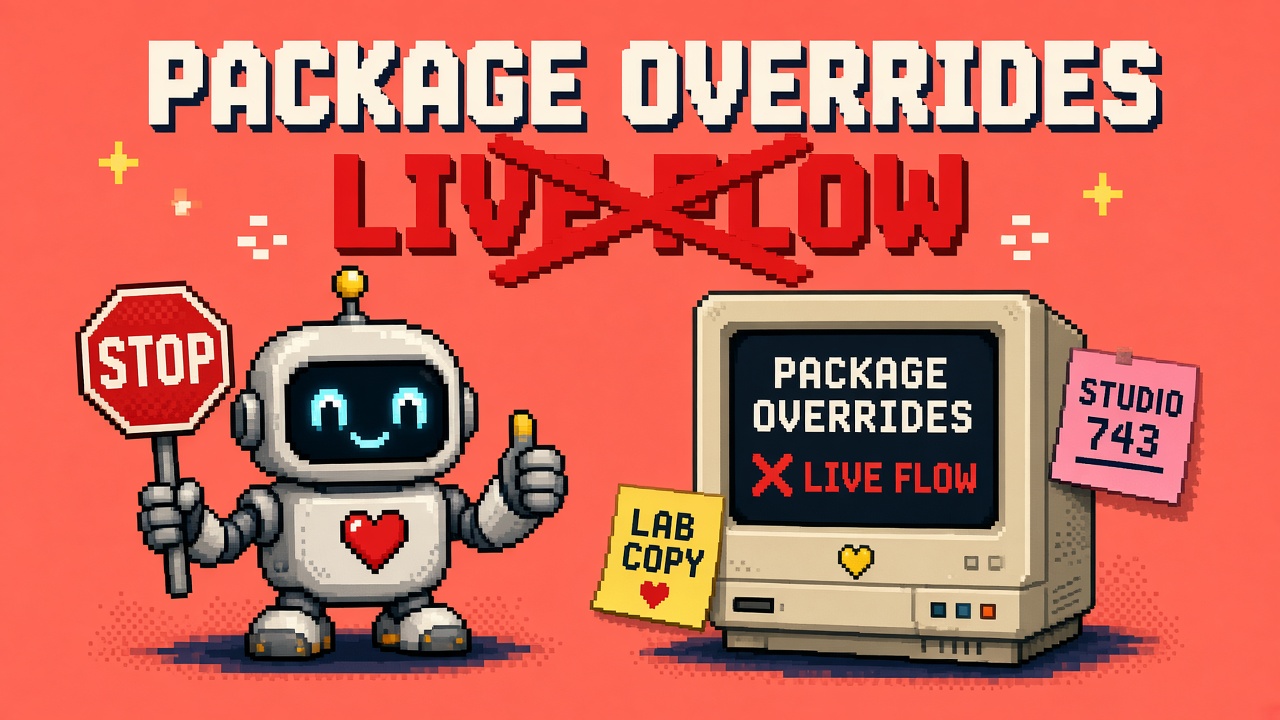 Pixel art robot with a STOP sign beside a PACKAGE OVERRIDES monitor crossing out LIVE FLOW