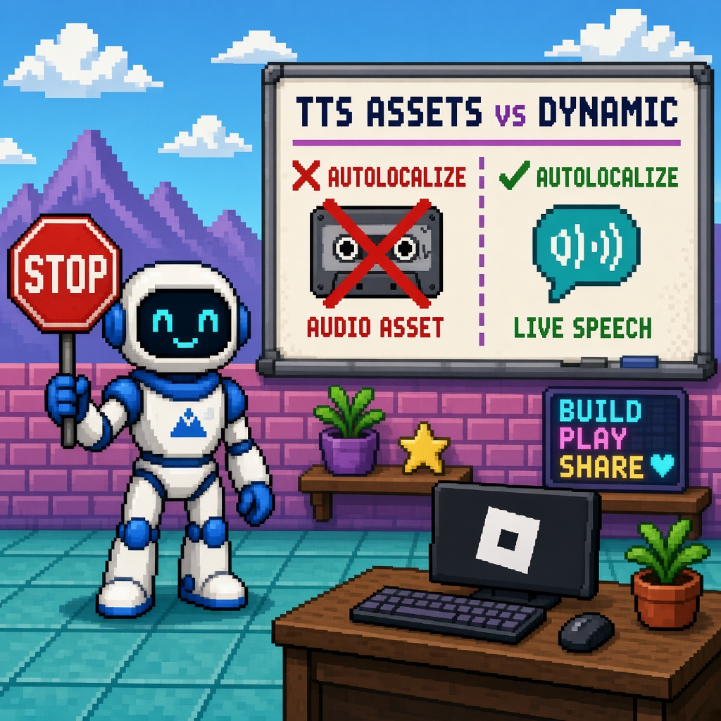 Pixel art robot with STOP sign beside TTS ASSETS vs DYNAMIC whiteboard crossing out asset AutoLocalize