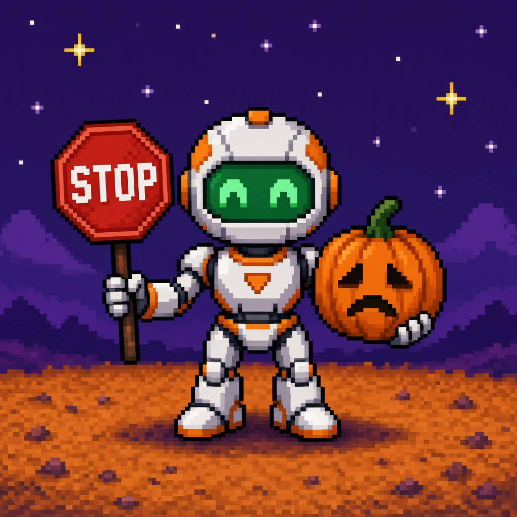 Pixel art robot holding a STOP sign and a Halloween pumpkin
