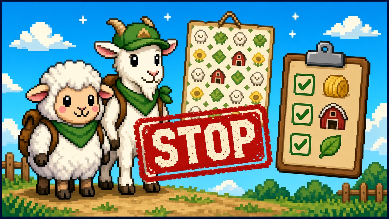 Pixel art sheep and goat with a STOP stamp over a farm wallpaper tag