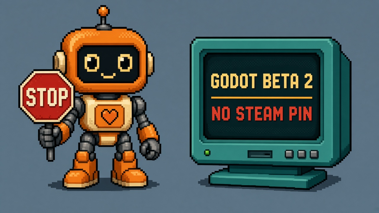 Pixel art orange robot with STOP sign beside GODOT BETA 2 NO STEAM PIN monitor