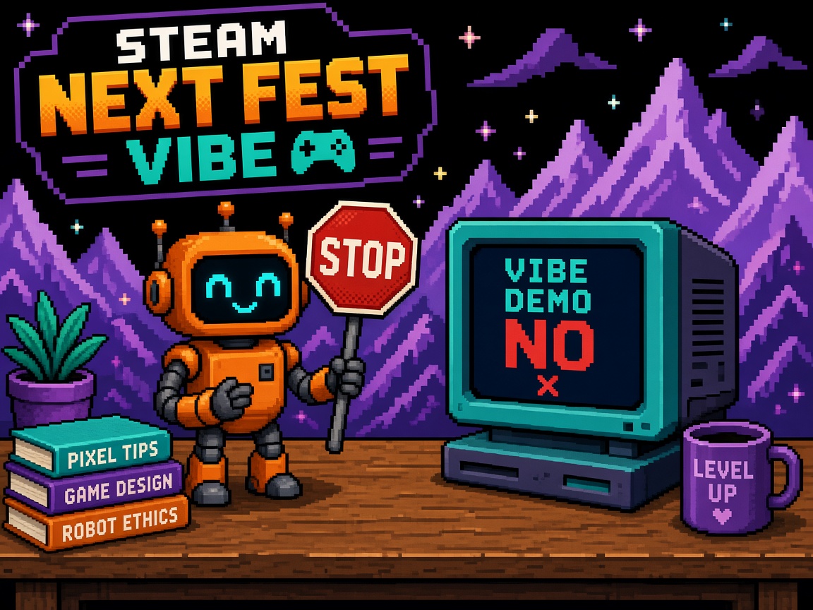 Pixel art orange robot STOP sign beside VIBE DEMO NO monitor
