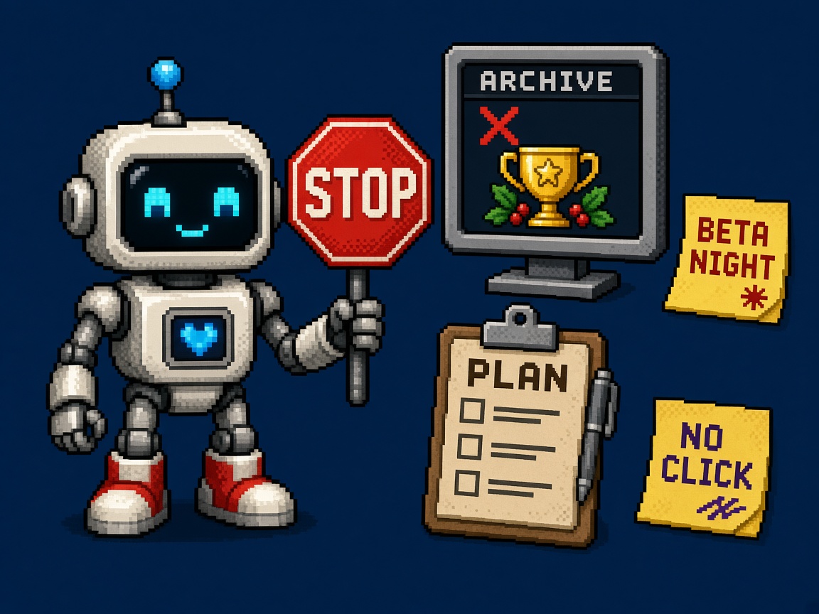 Pixel art robot holding a stop sign beside an archive monitor and a plan clipboard