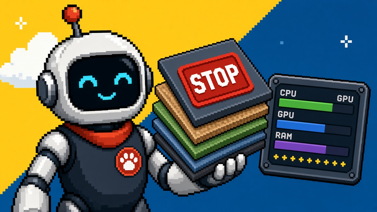 Pixel art robot with layered material slabs, STOP stamp, and mid-spec gauge