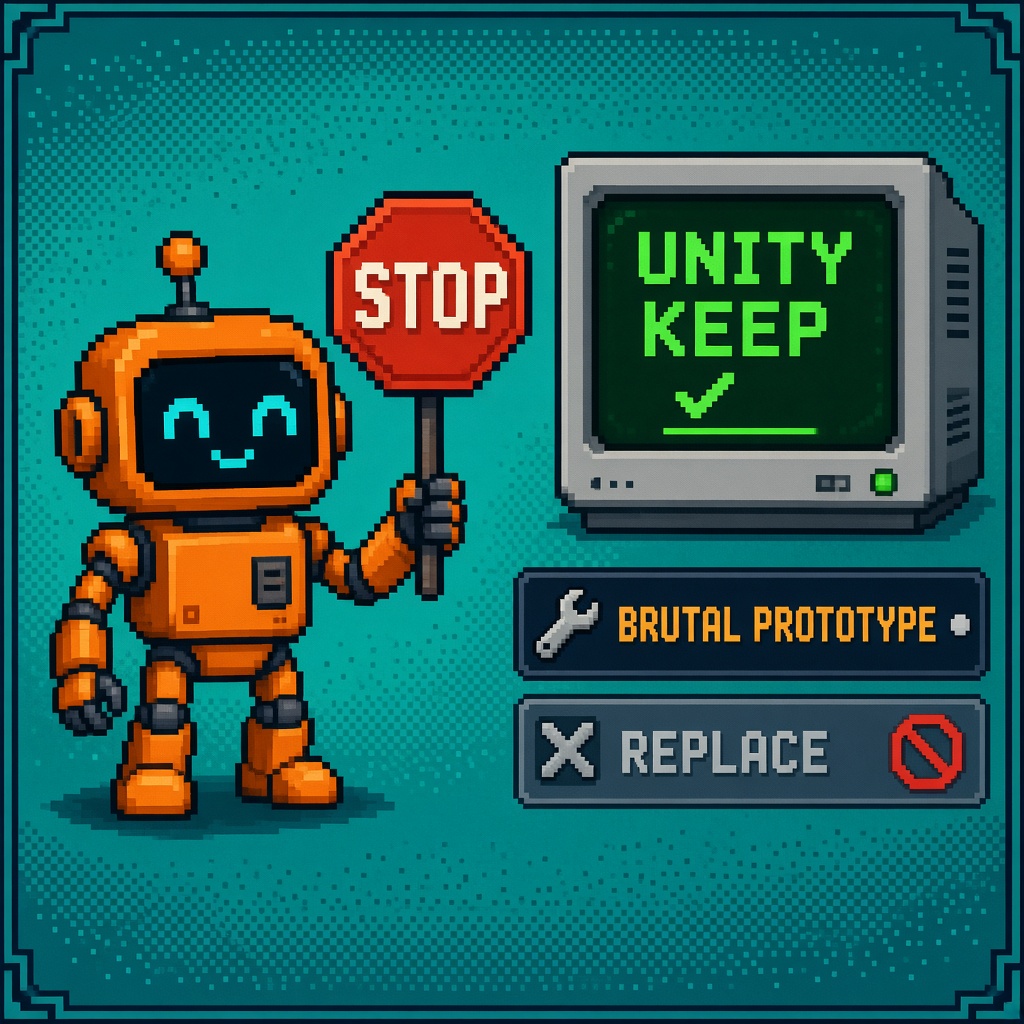 Pixel art orange robot STOP sign beside UNITY KEEP monitor