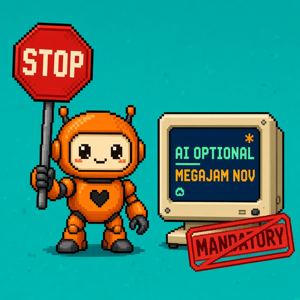 Pixel art orange robot STOP sign beside AI OPTIONAL MEGAJAM monitor