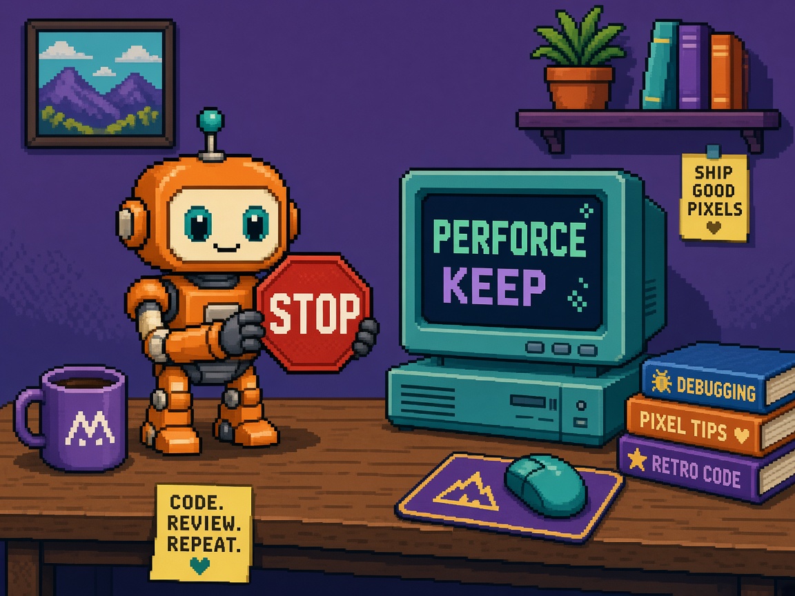 Pixel art orange robot STOP sign beside PERFORCE KEEP monitor