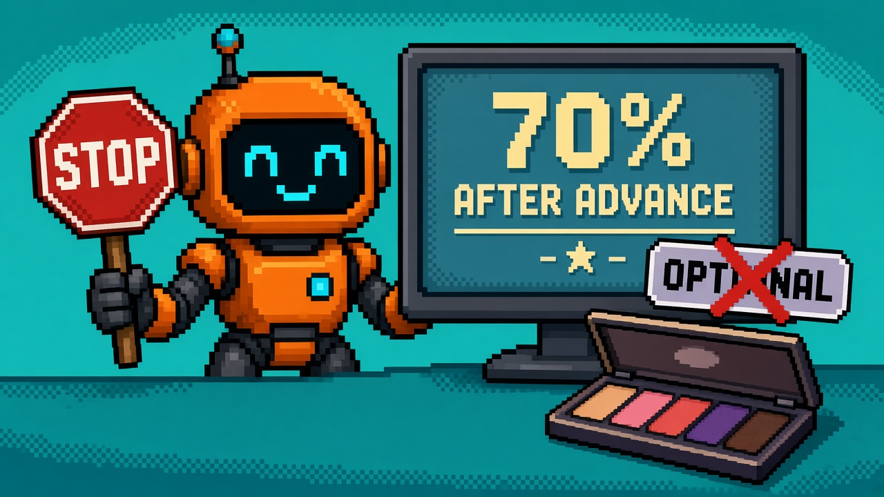 Pixel art orange robot STOP sign beside 70% AFTER ADVANCE monitor