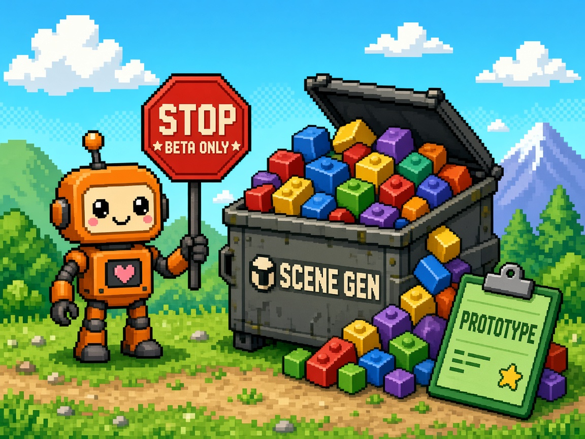 Pixel art orange robot with BETA ONLY stop sign beside SCENE GEN dumpster and PROTOTYPE clipboard
