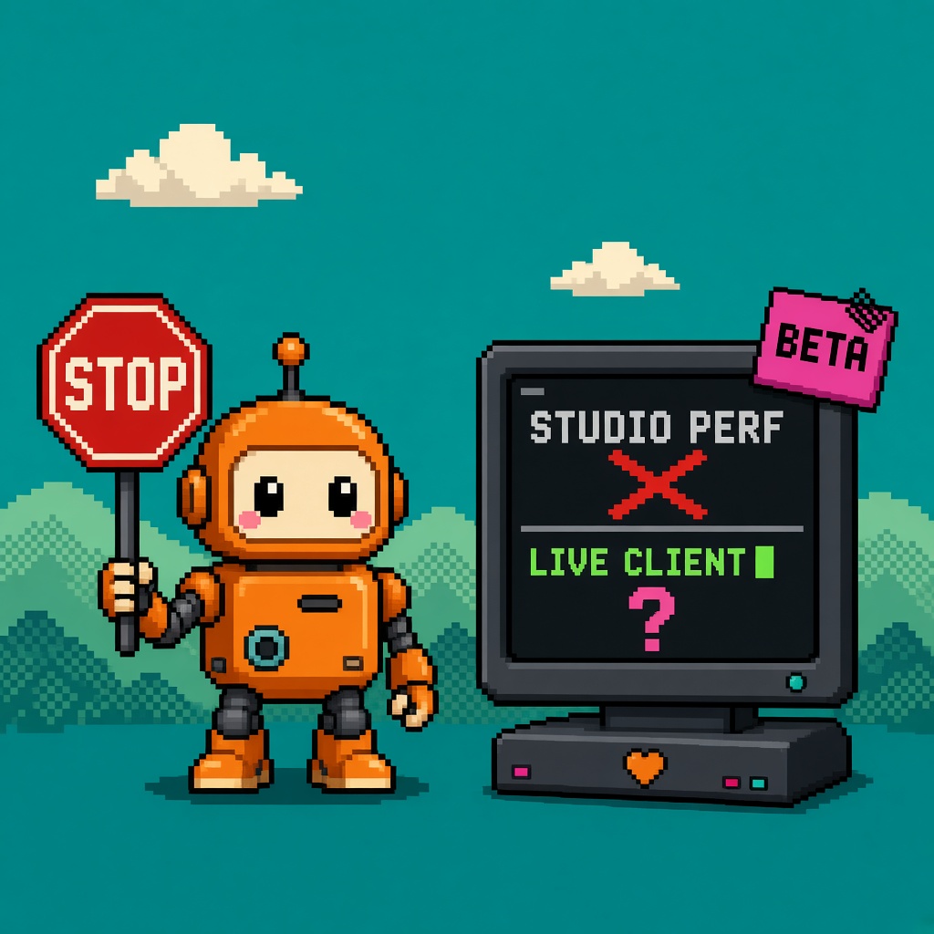 Pixel art orange robot STOP sign beside STUDIO PERF crossed-out LIVE CLIENT monitor
