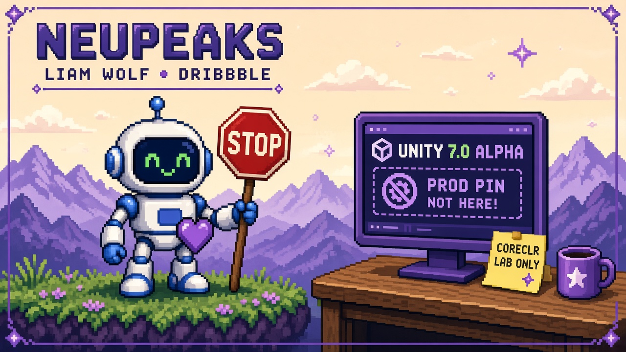 Pixel art robot with STOP sign beside UNITY 7.0 ALPHA monitor crossing out PROD PIN