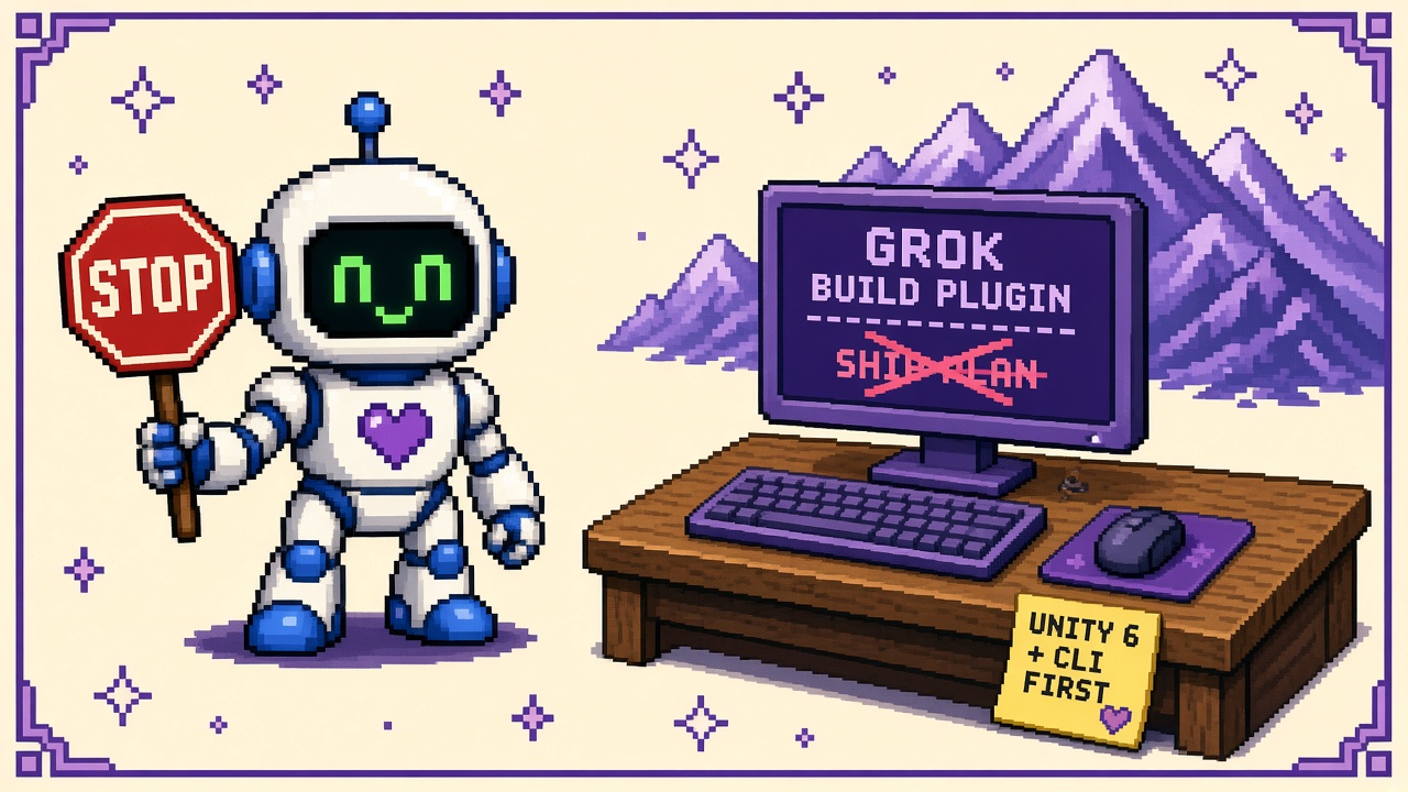 Pixel art robot with STOP sign beside GROK BUILD PLUGIN monitor crossing out SHIP PLAN