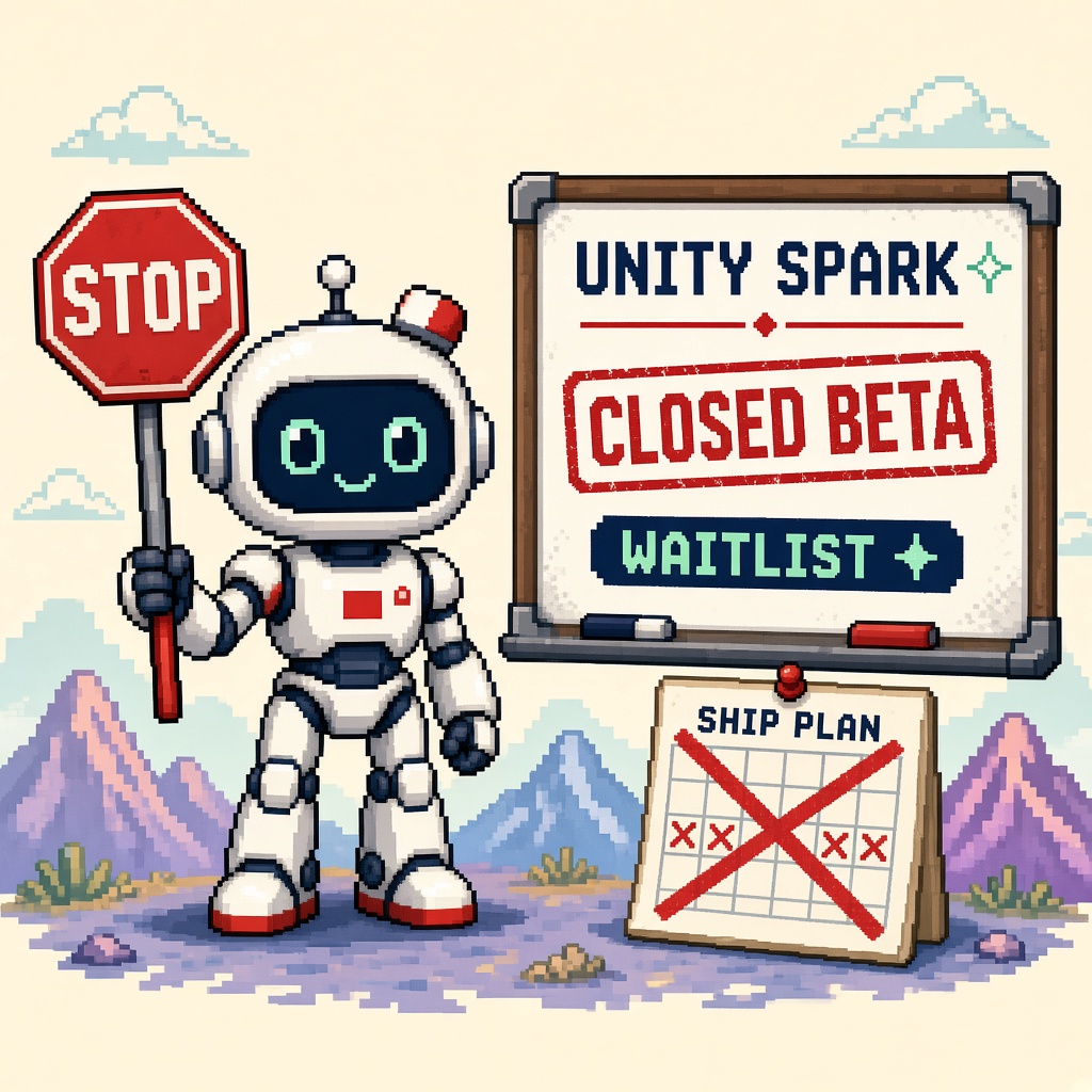 Pixel art robot with STOP sign beside UNITY SPARK CLOSED BETA whiteboard and crossed-out SHIP PLAN calendar