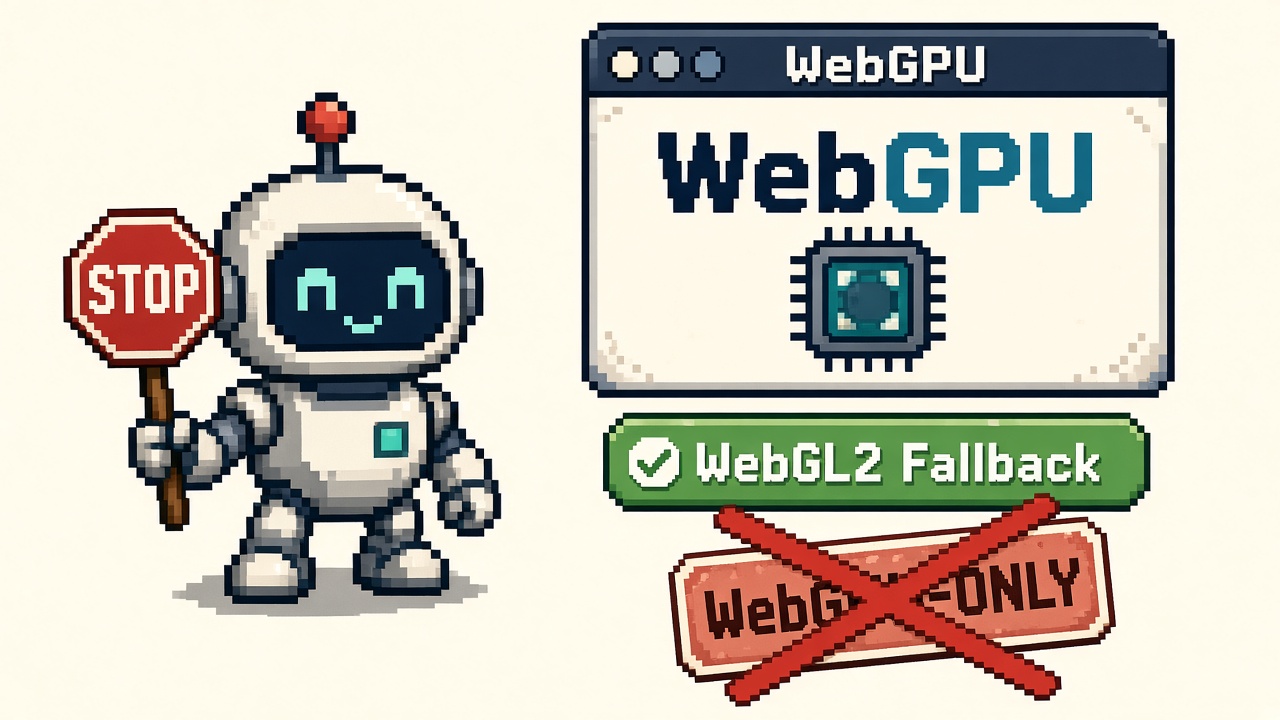 Pixel art robot with STOP sign beside WebGPU browser window and WebGL2 fallback badge