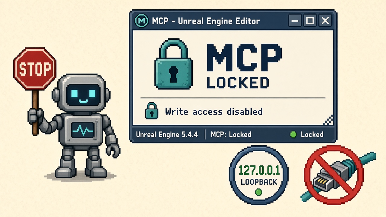Pixel art robot with STOP sign beside locked Unreal MCP window, 127.0.0.1 badge, and crossed-out LAN cable