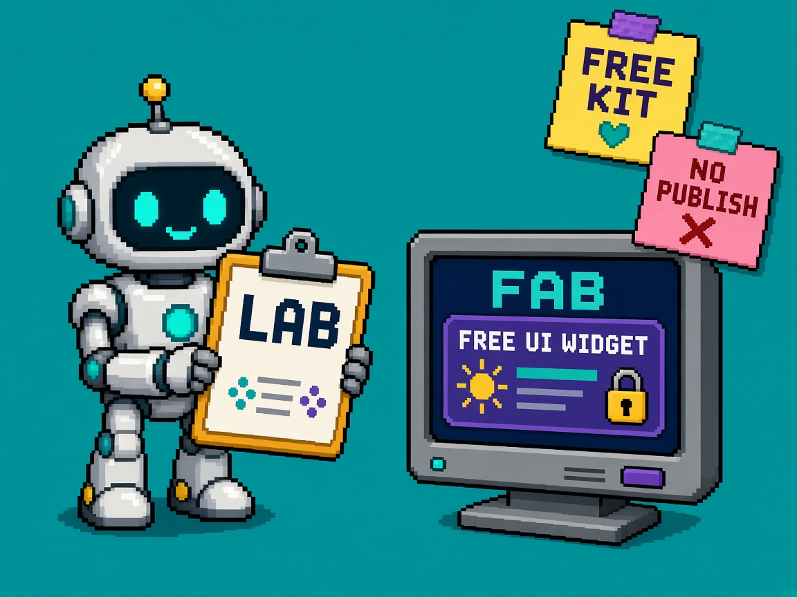 Pixel art robot with a lab clipboard beside a Fab monitor showing a free UI widget