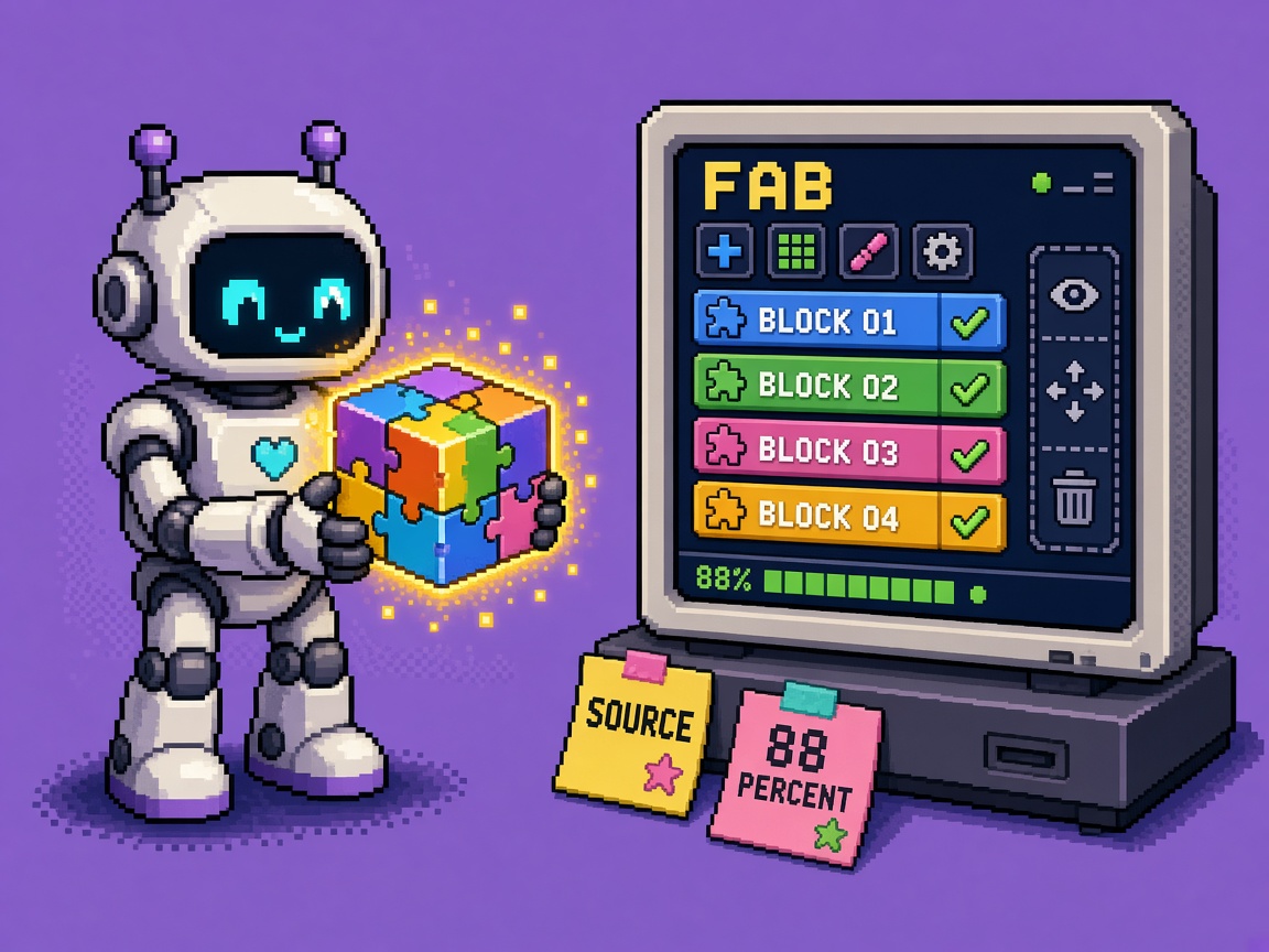 Pixel art robot holding a puzzle cube beside a Fab source-asset monitor