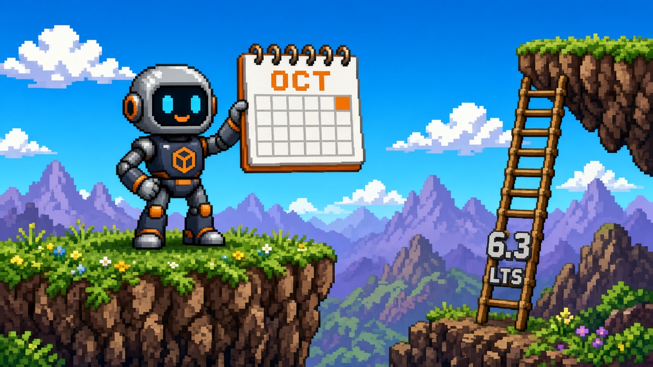 Pixel art robot with OCT calendar cliff and 6.3 LTS ladder