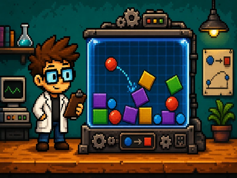 Pixel art of a scientist watching bouncing shapes in a 2D physics simulation tank