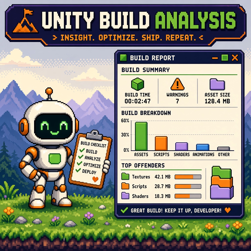 Pixel art robot with clipboard and build report panel