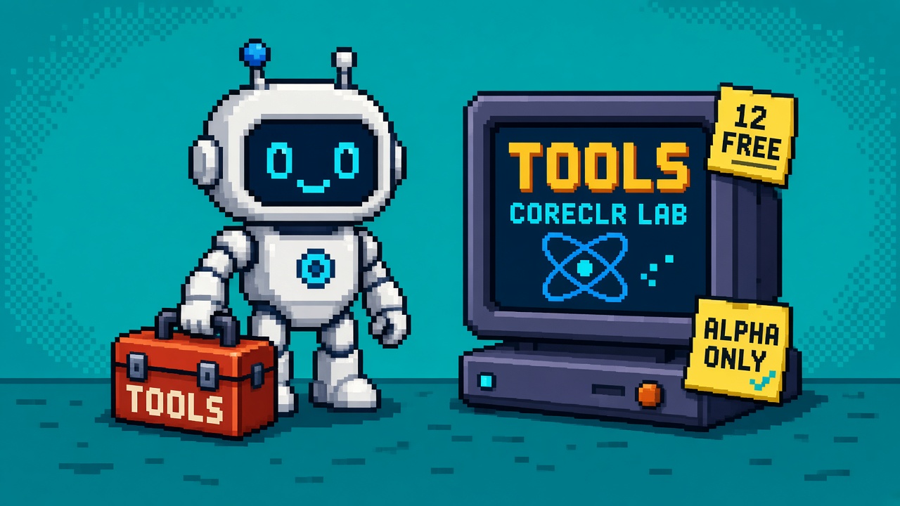 Pixel art robot with TOOLS box beside CORECLR LAB monitor and 12 FREE + ALPHA ONLY notes