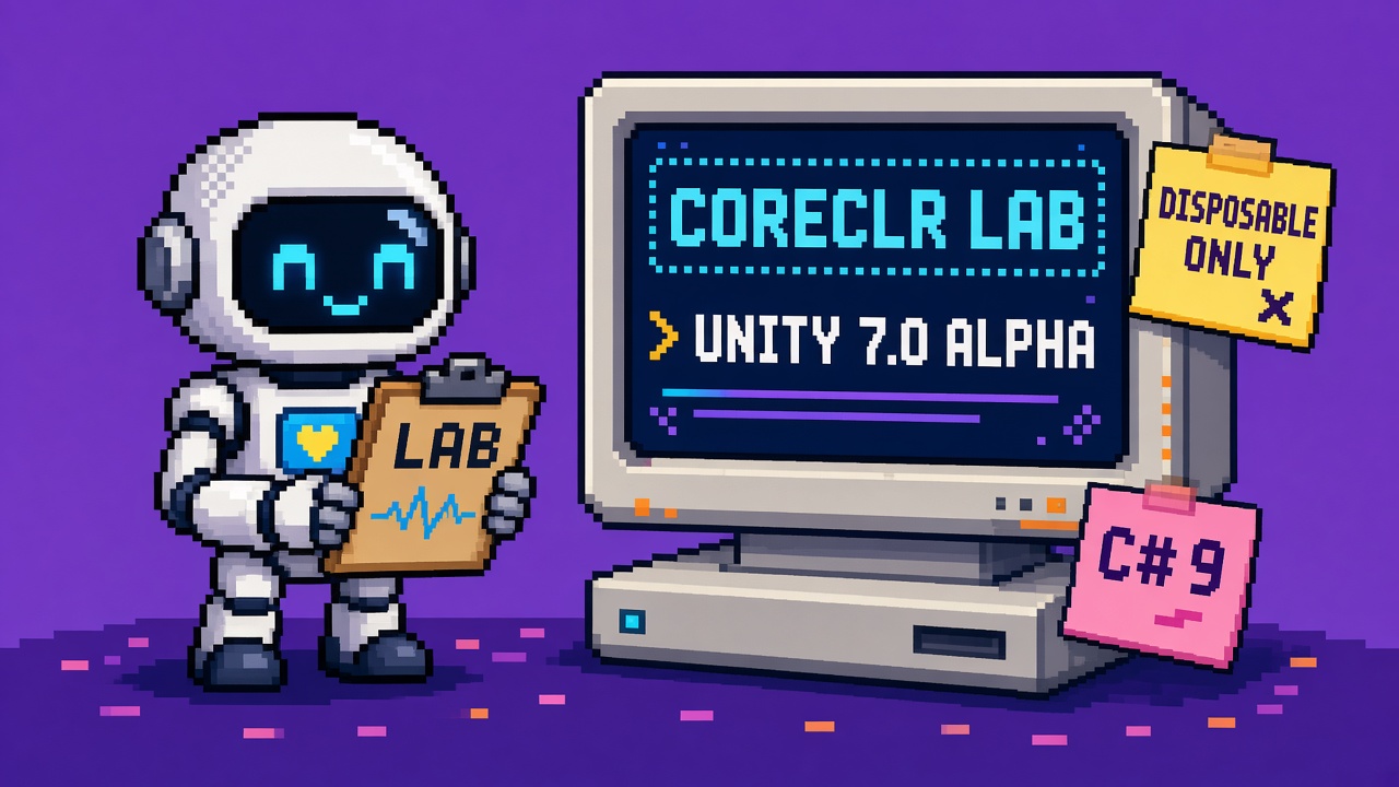 Pixel art robot with LAB clipboard beside CORECLR LAB monitor showing UNITY 7.0 ALPHA