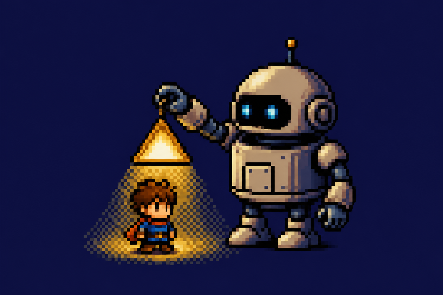 Pixel art robot holding a glowing triangle lamp lighting a small sprite