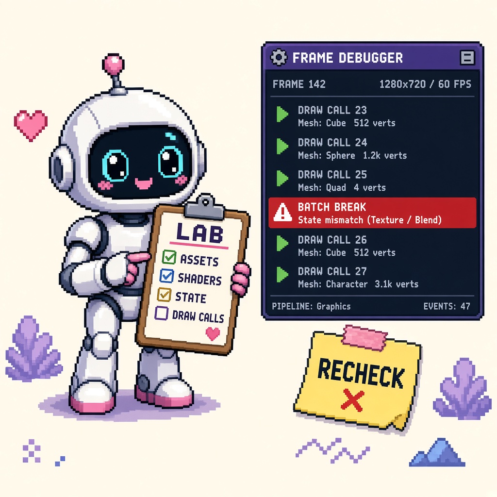 Pixel art robot with LAB clipboard beside Frame Debugger BATCH BREAK panel and RECHECK note