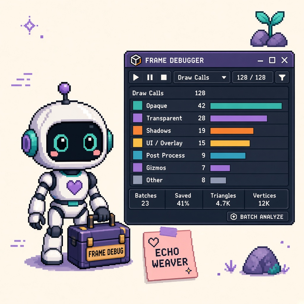 Pixel art robot with FRAME DEBUG toolbox beside Frame Debugger panel and ECHO WEAVER note