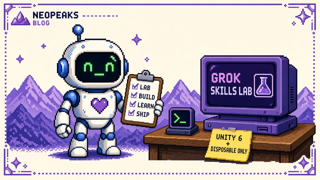 Pixel art robot with LAB clipboard beside GROK SKILLS LAB monitor and UNITY 6 + DISPOSABLE ONLY note