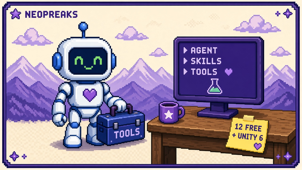 Pixel art robot with TOOLS box beside AGENT SKILLS TOOLS monitor and 12 FREE + UNITY 6 note