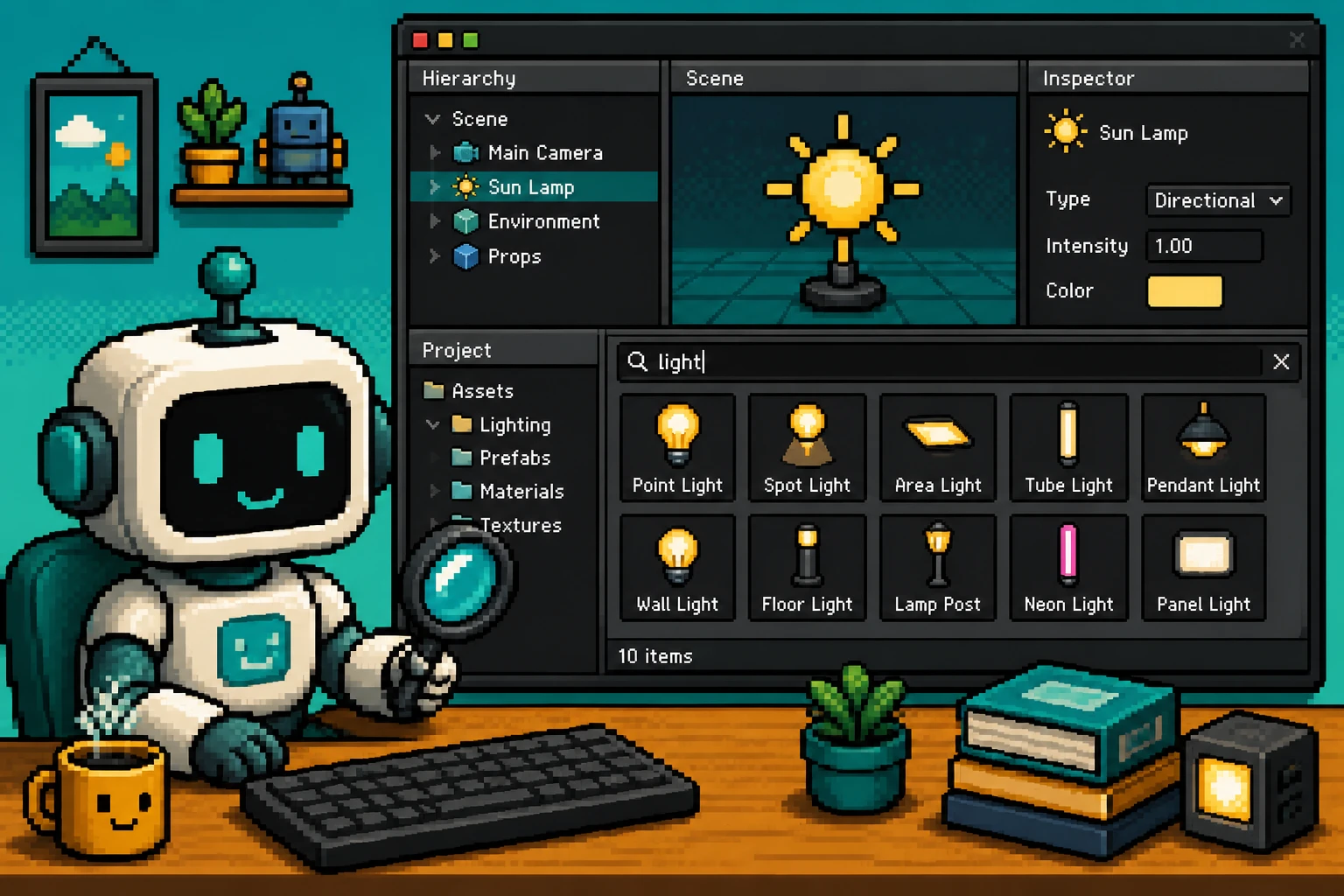 Pixel art robot with magnifying glass at an editor desk searching sun lamps and light assets