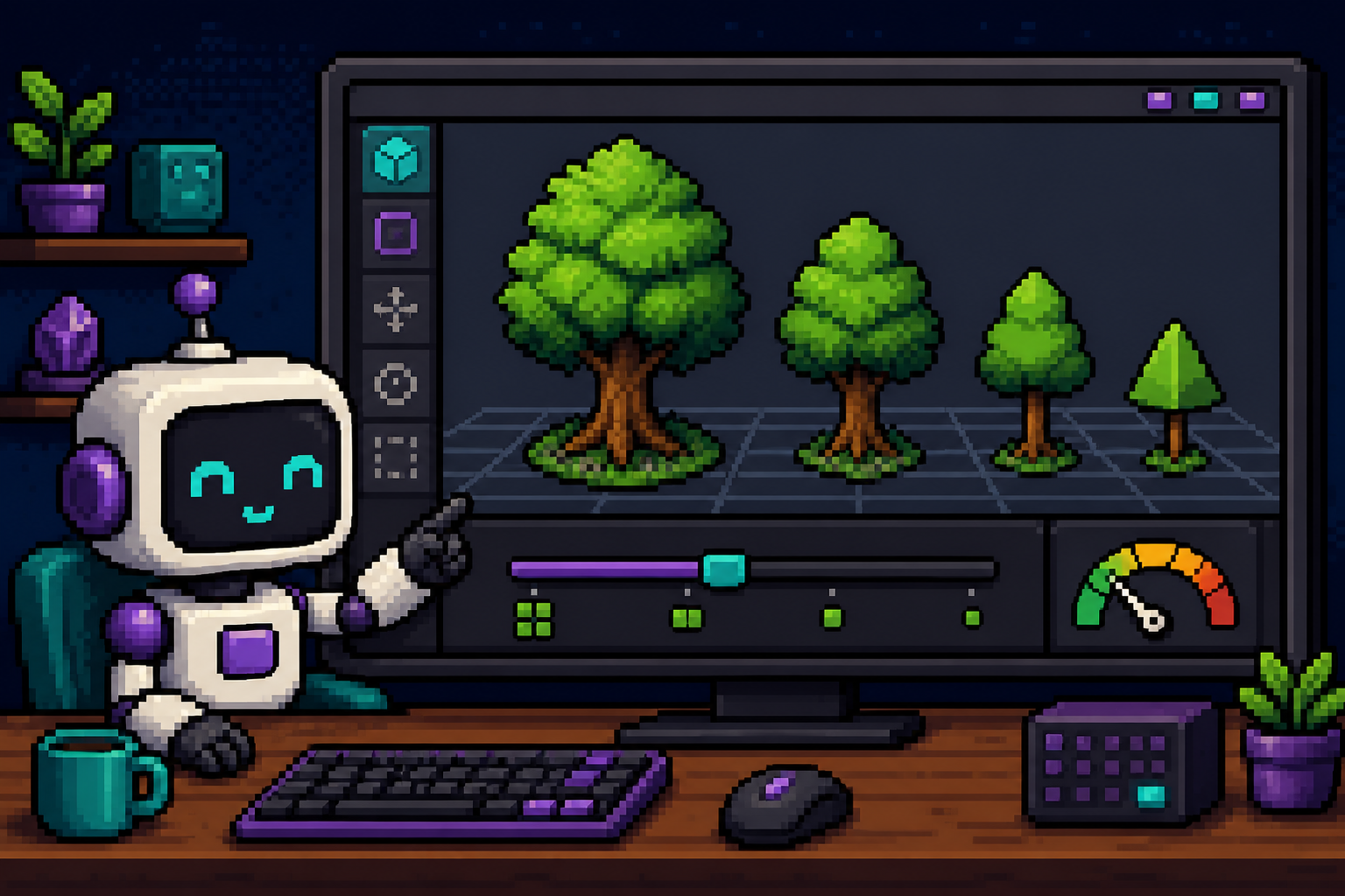 Pixel art robot at a Unity editor showing one tree model with three shrinking levels of detail and a performance gauge