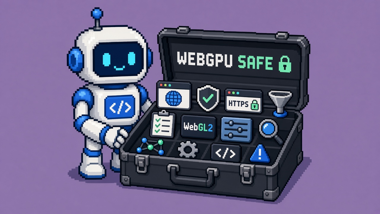 Pixel art robot holding a WEBGPU SAFE toolbox with twelve tiny tools