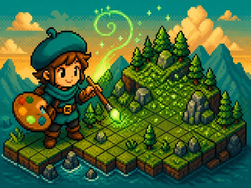 Pixel art of an artist painting trees onto a procedural terrain grid