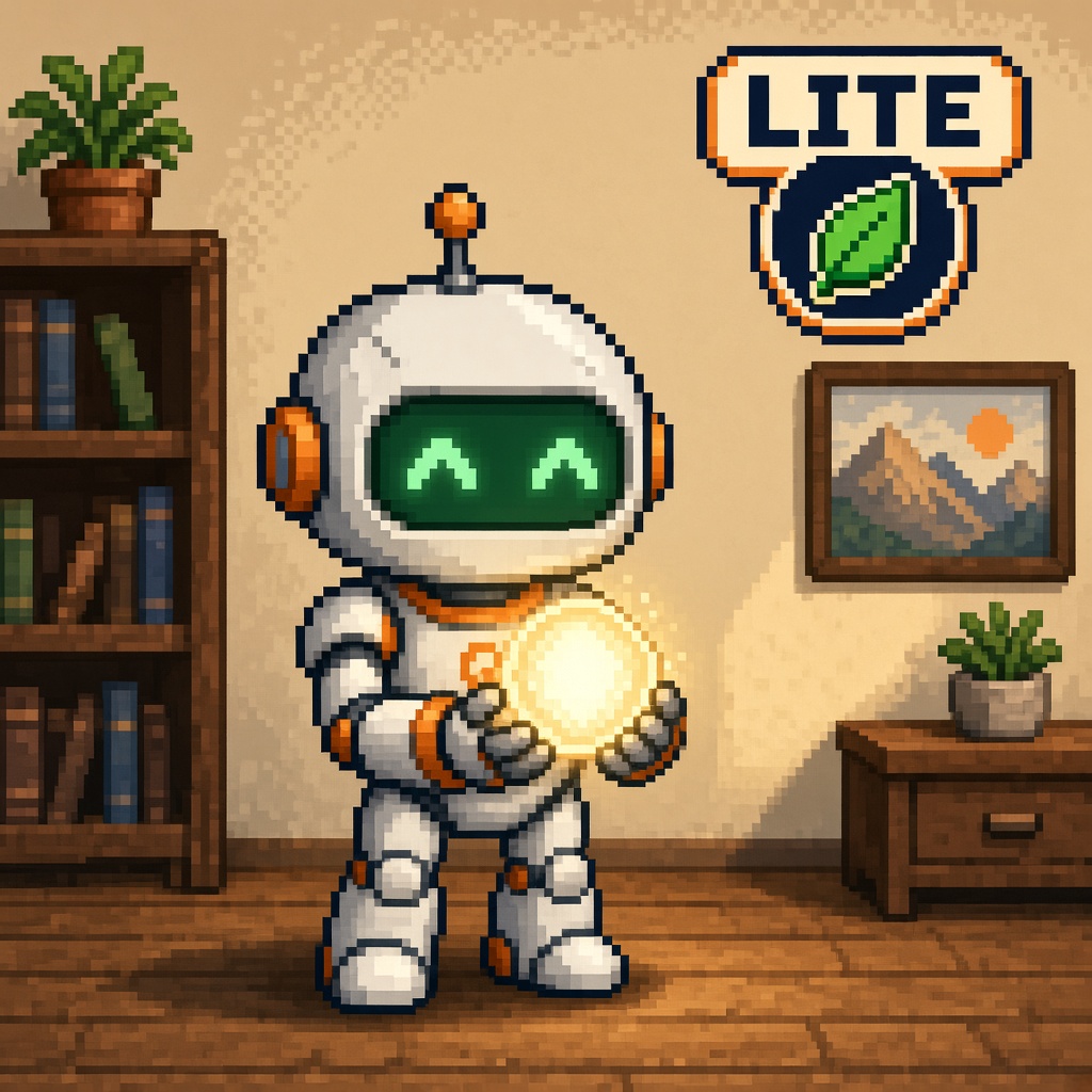 Pixel art robot holding a soft GI light orb