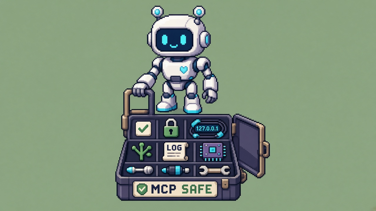 Pixel art robot holding an MCP SAFE toolbox with twelve tiny tools